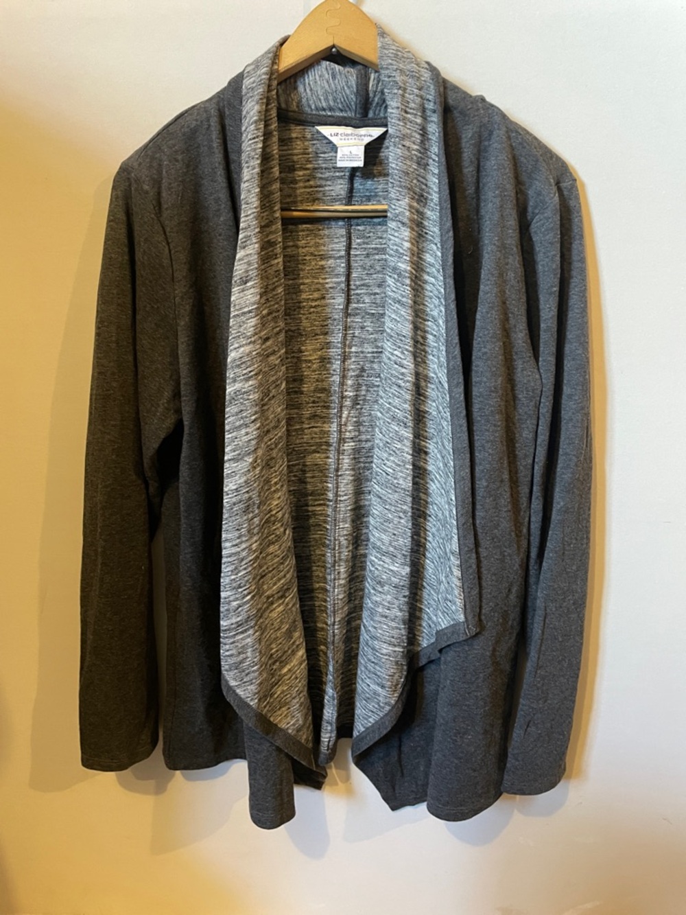 Liz Claiborne Charcoal and Light Gray Open-Front Draped Cardigan women's L